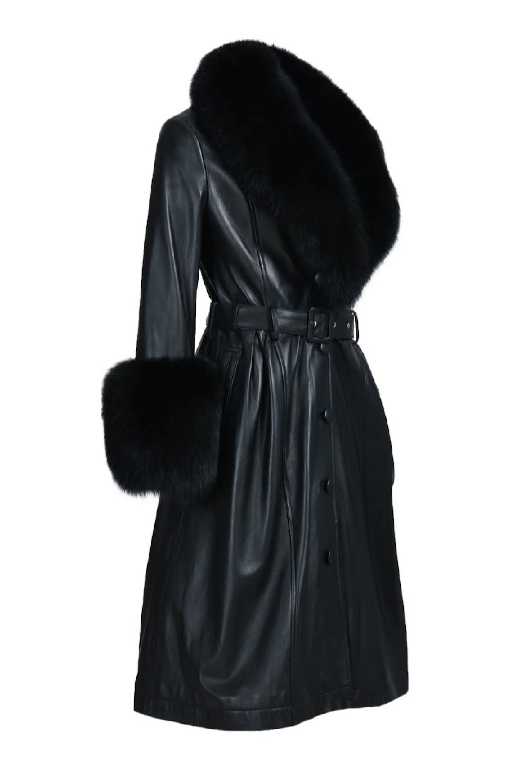 ADARA Black Leather Trench Coat with Fox Fur