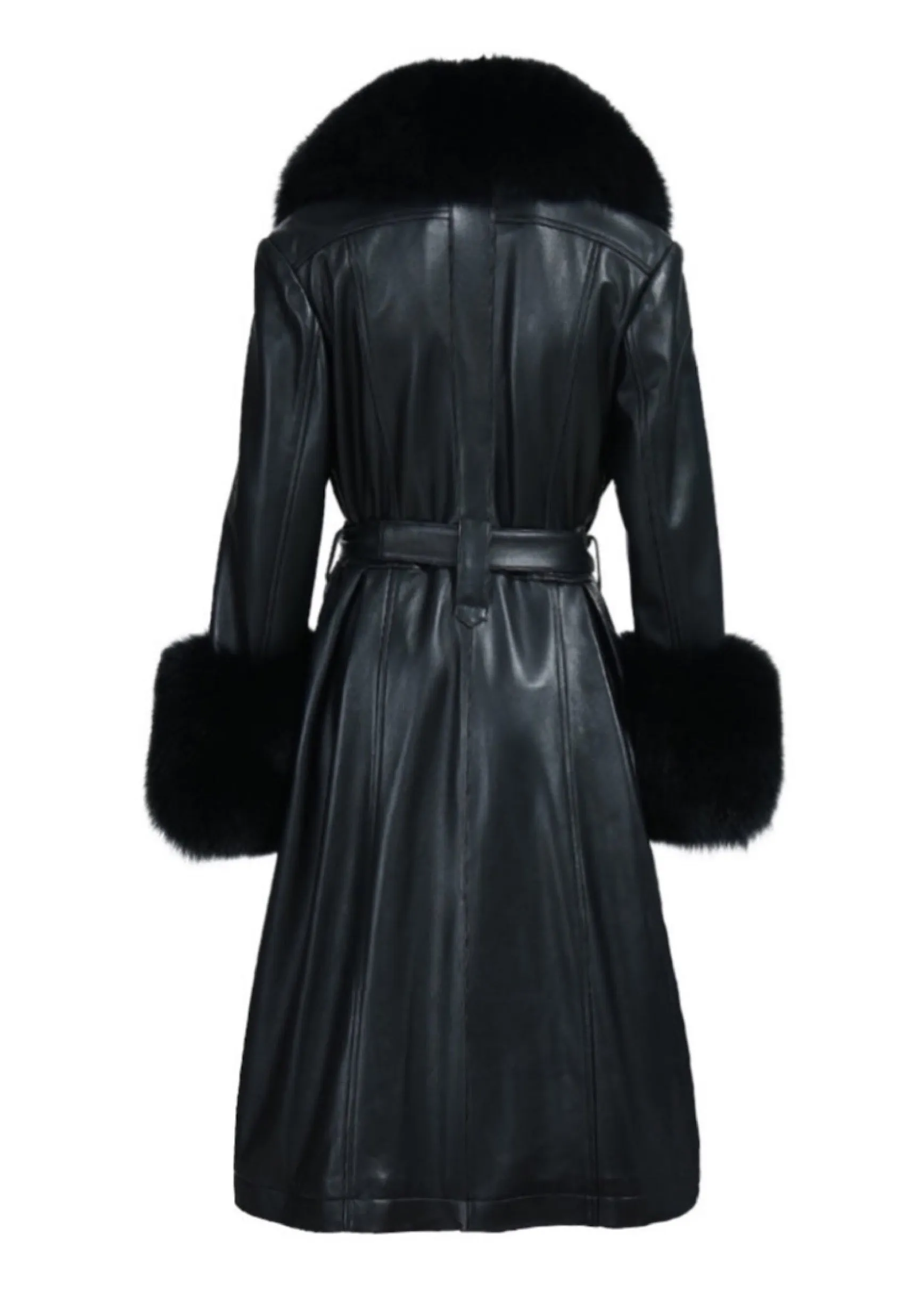 ADARA Black Leather Trench Coat with Fox Fur