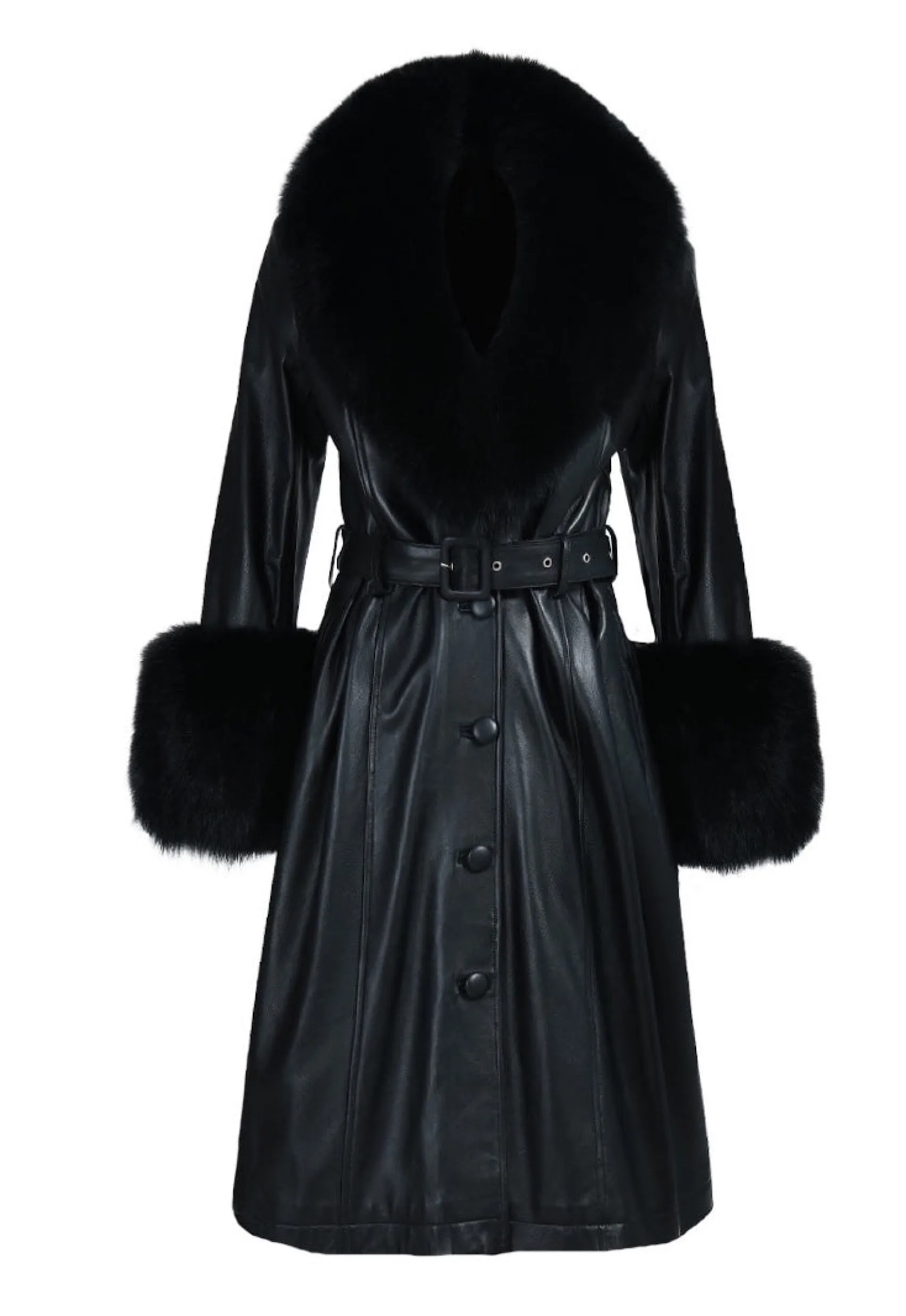 ADARA Black Leather Trench Coat with Fox Fur