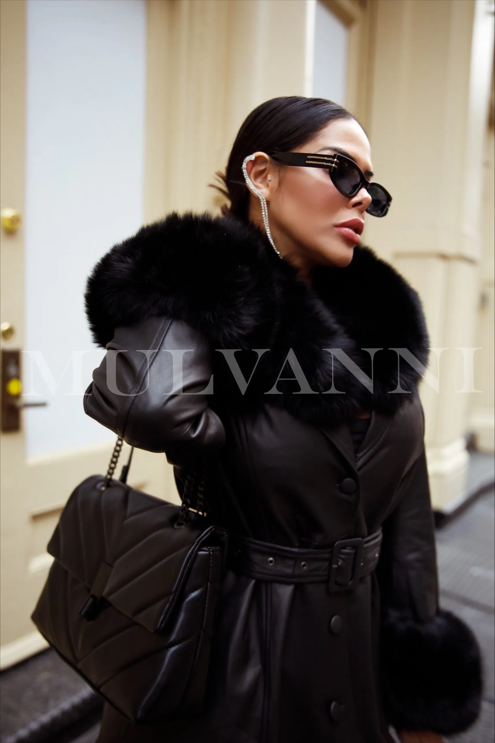 ADARA Black Leather Trench Coat with Fox Fur