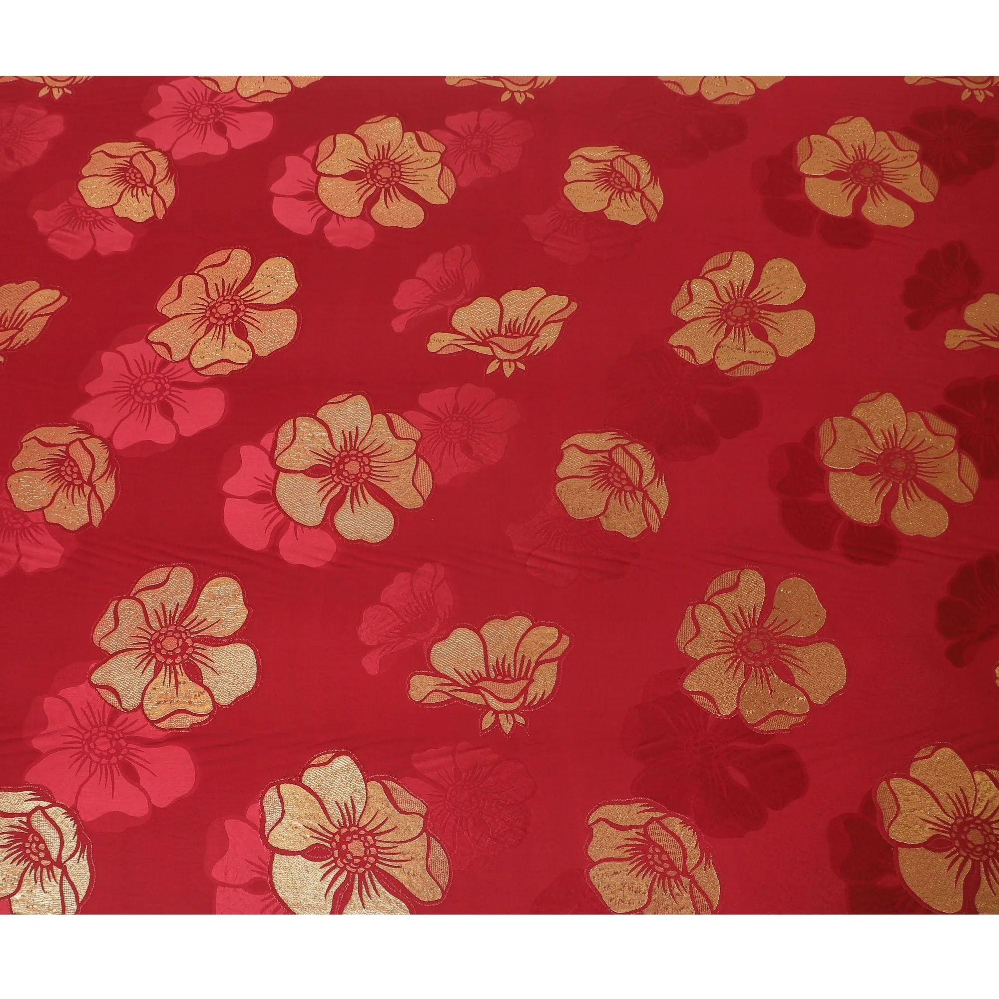 Barn red premium pure silk crepe fabric with gold metallic lurex in floral design-D13709