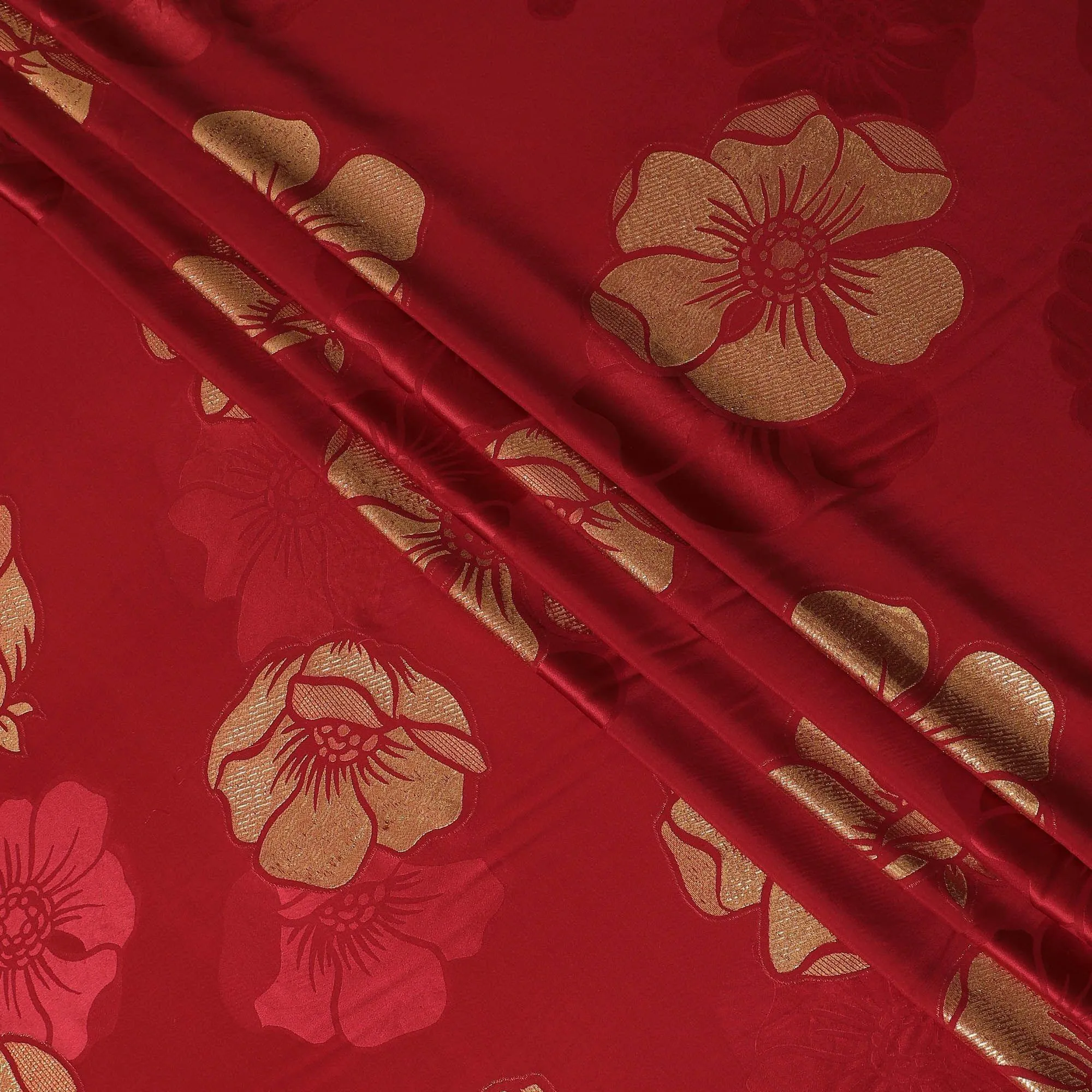 Barn red premium pure silk crepe fabric with gold metallic lurex in floral design-D13709