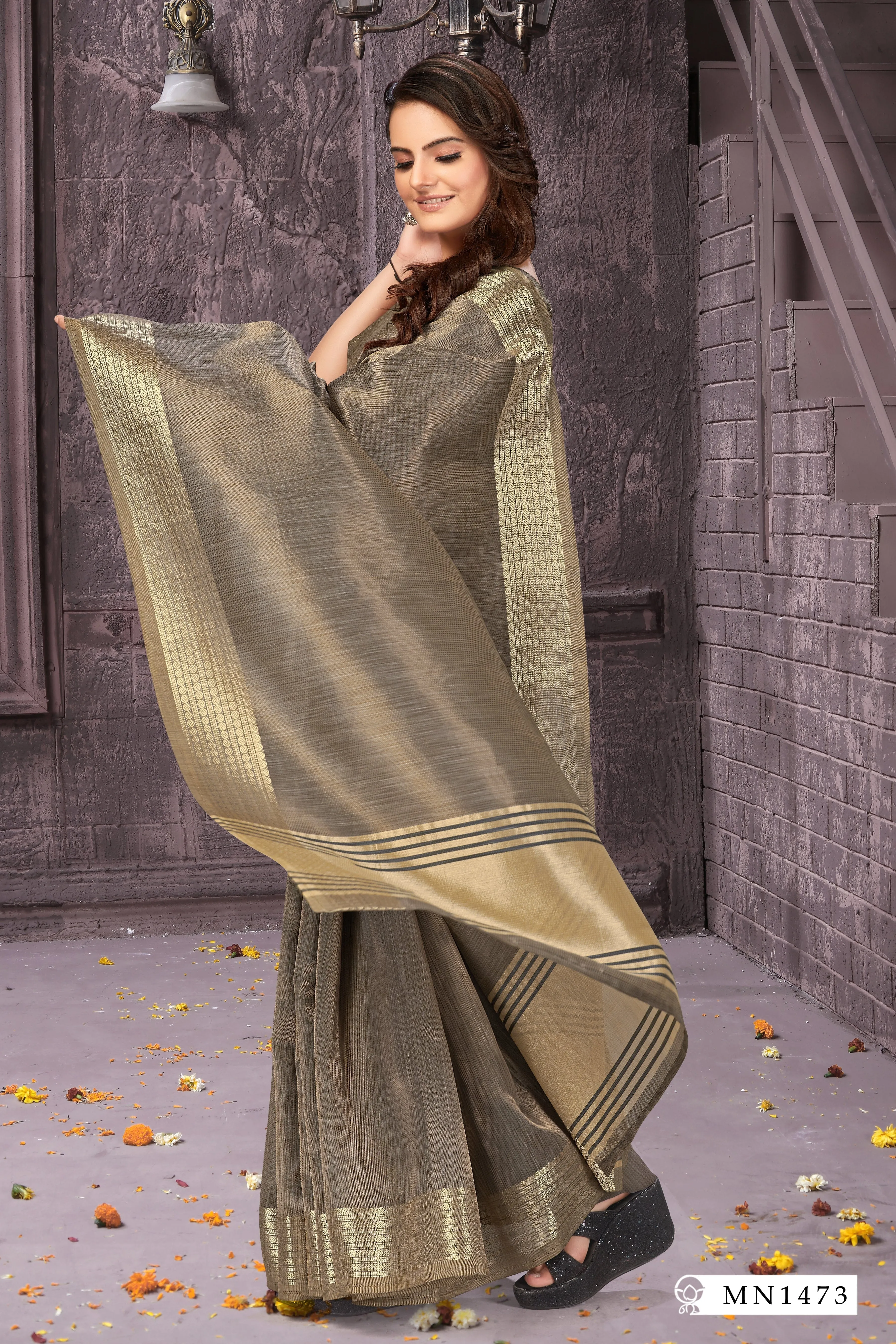 Beautiful Grey Silk  Saree With Gold Colour Border Including Grey Blouse