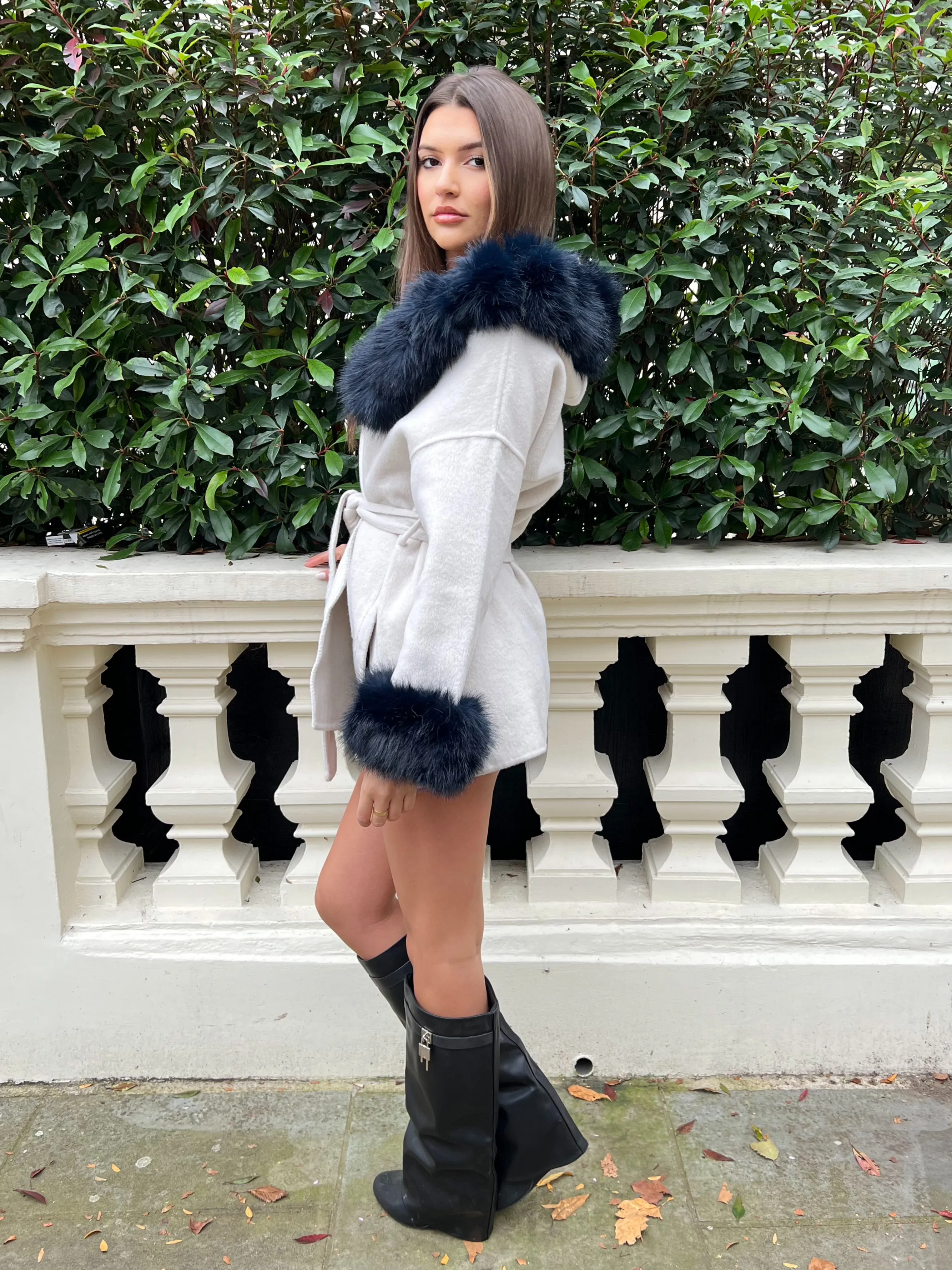 Beige/Navy Cashmere Coat With Faux Fur Trim