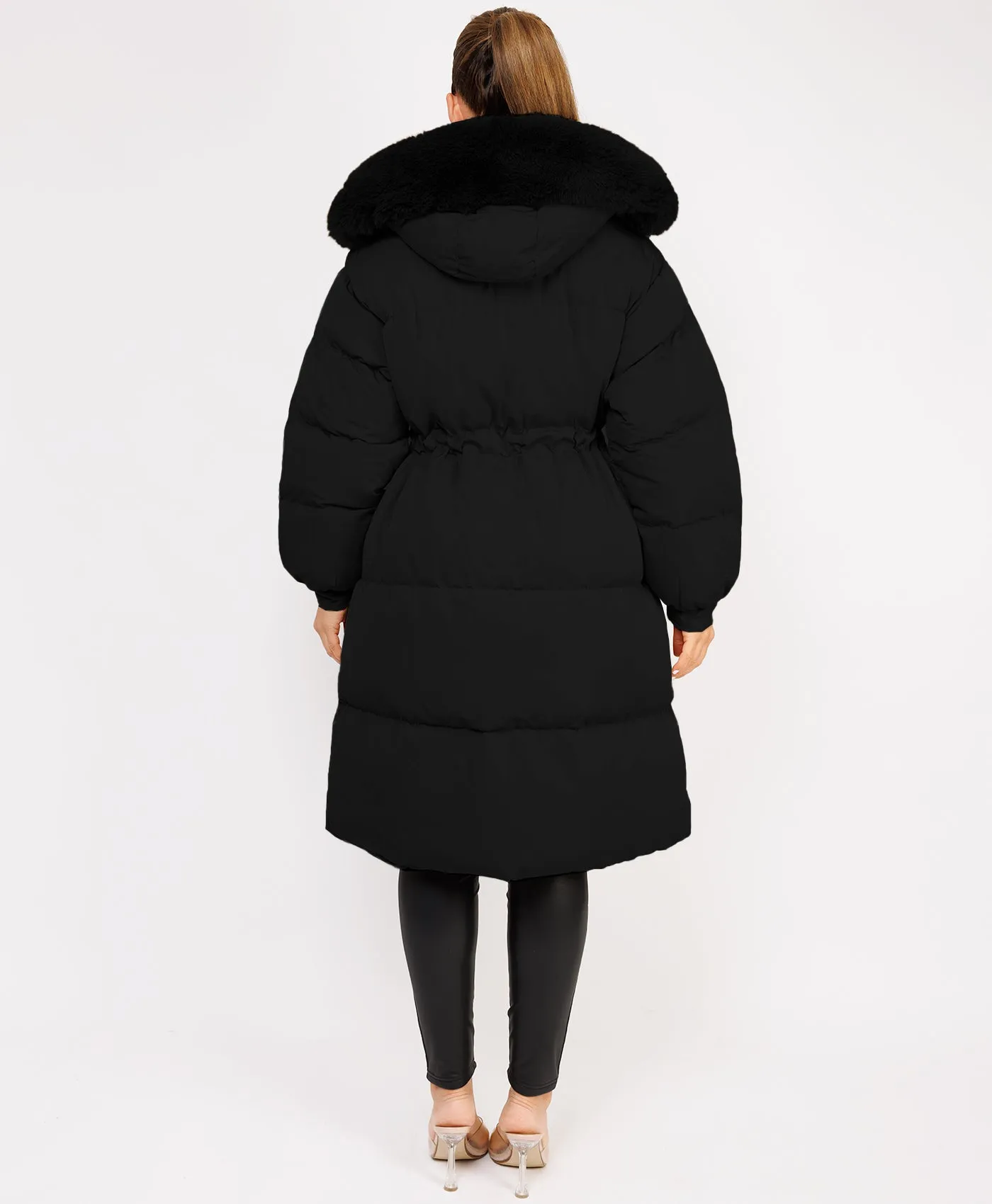 Black Fluffy Faux Fur Hood Drawstring Waist Midi Puffer Jacket