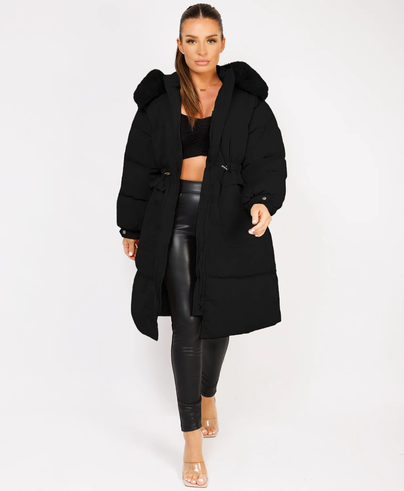 Black Fluffy Faux Fur Hood Drawstring Waist Midi Puffer Jacket