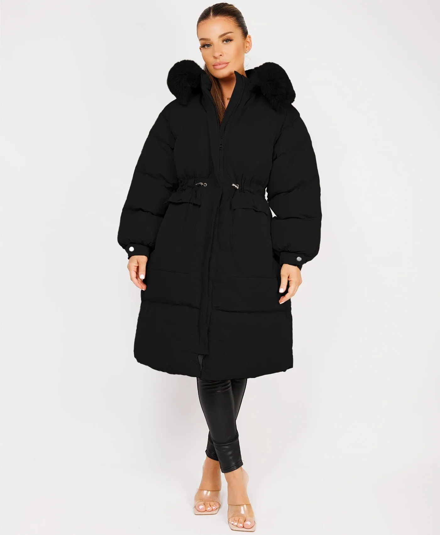 Black Fluffy Faux Fur Hood Drawstring Waist Midi Puffer Jacket