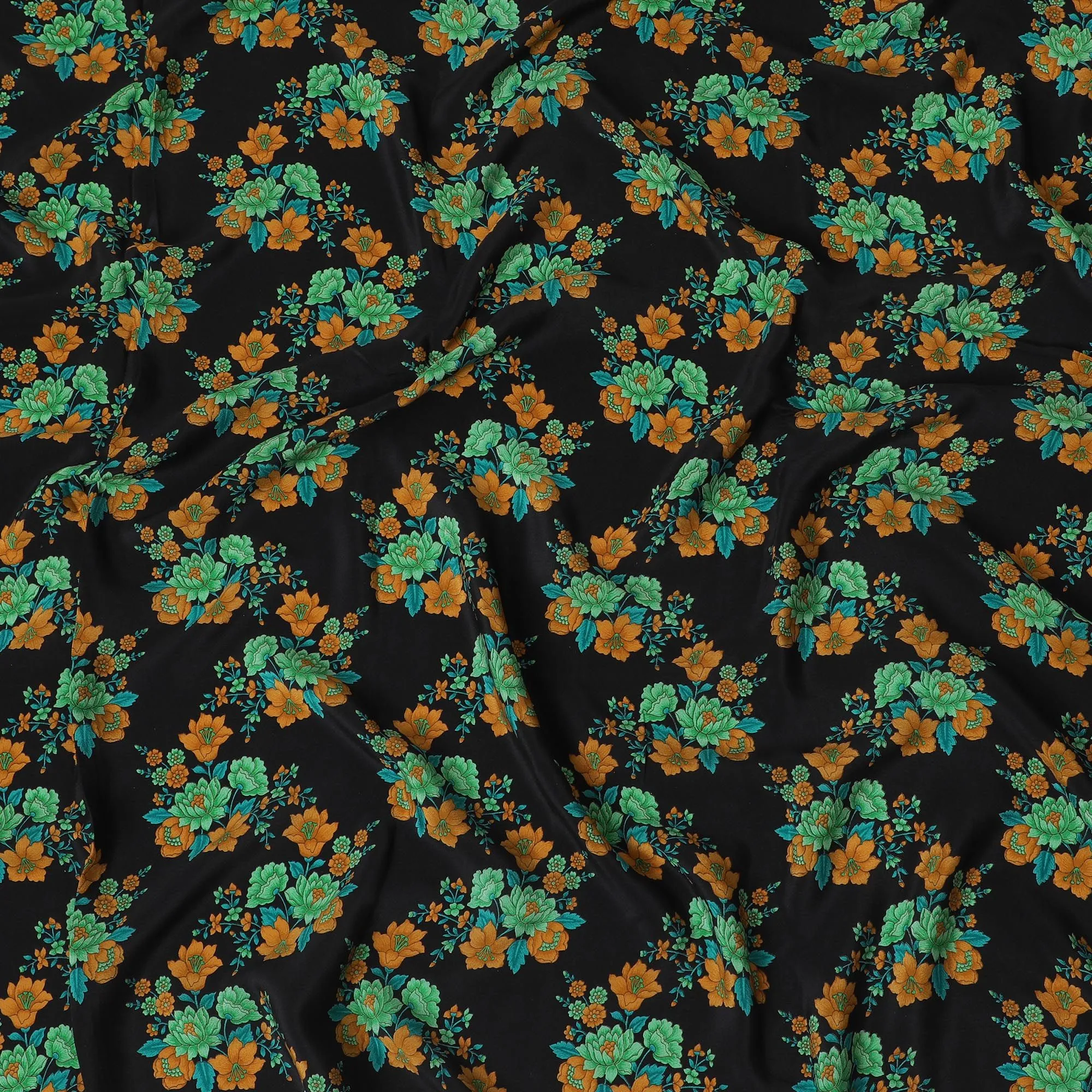 Black Premium pure silk crepe fabric with multicolor print in floral design-D16709