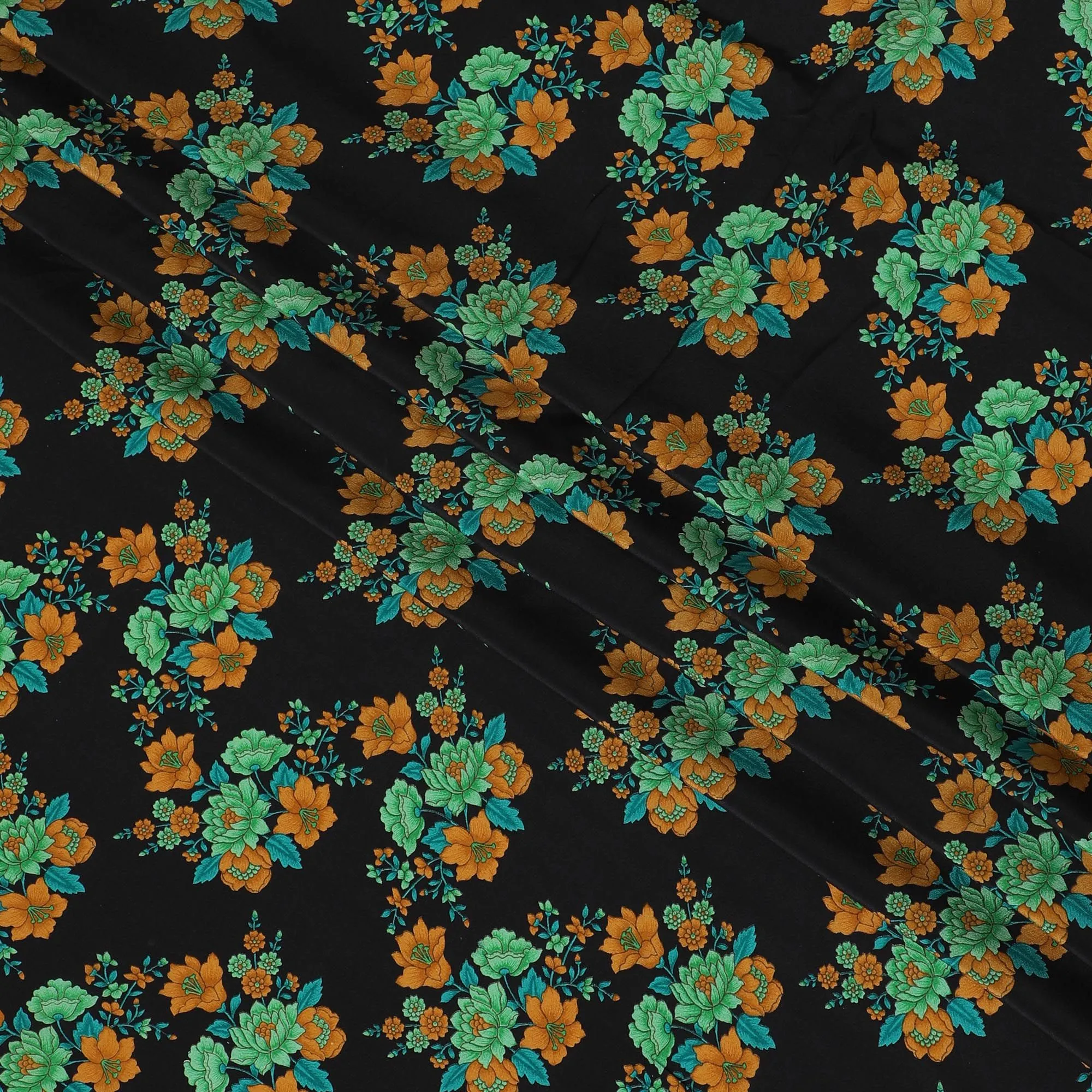 Black Premium pure silk crepe fabric with multicolor print in floral design-D16709