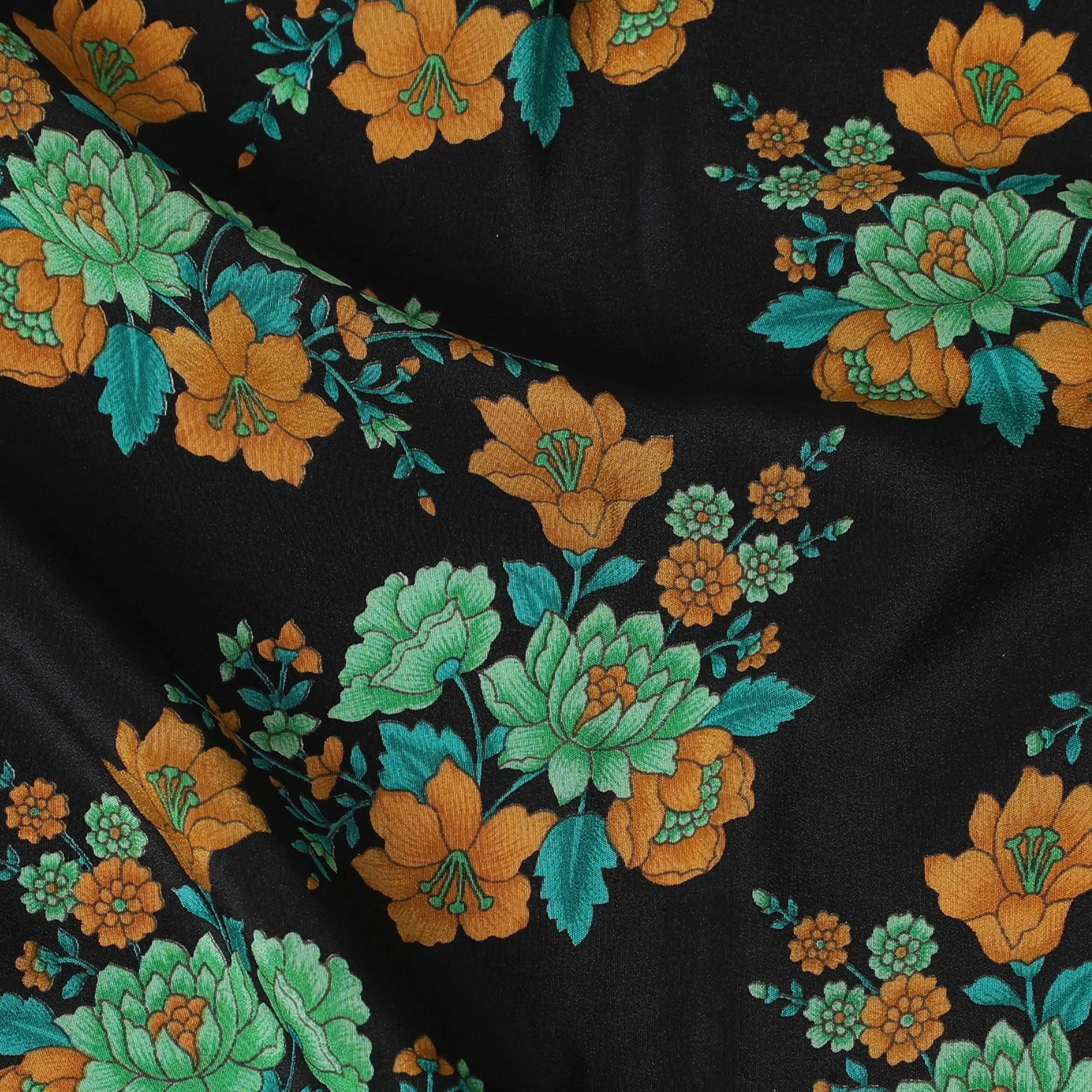 Black Premium pure silk crepe fabric with multicolor print in floral design-D16709