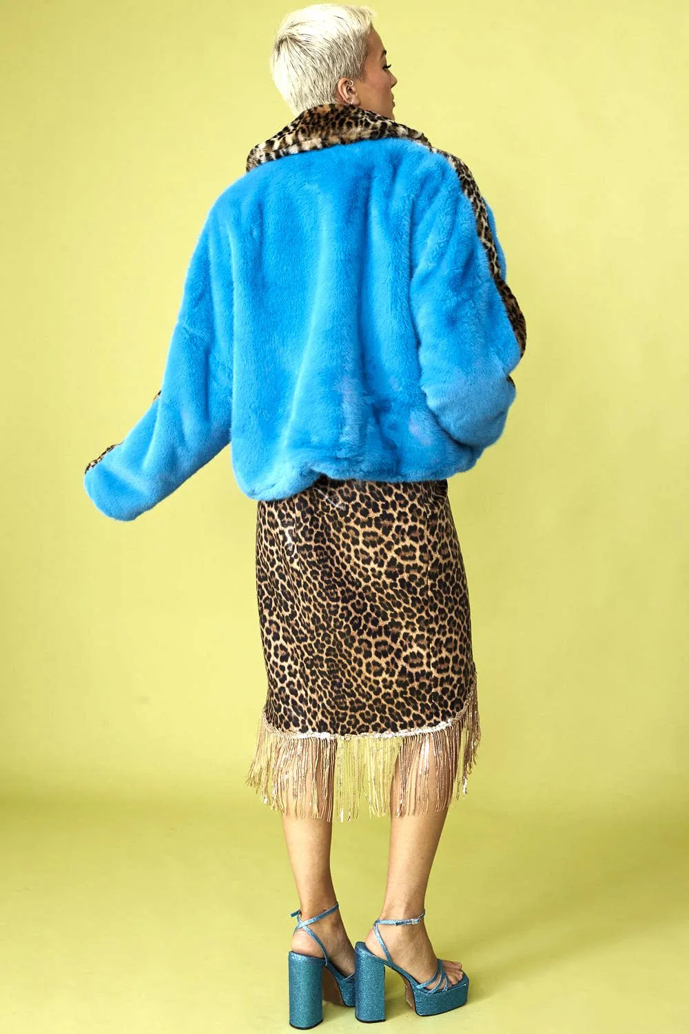 Blue and Leopard Print Faux Fur Coat