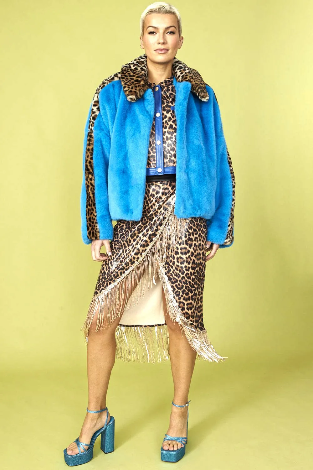 Blue and Leopard Print Faux Fur Coat