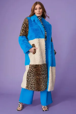 Blue Faux Fur and Faux Shearling Maxi Coat