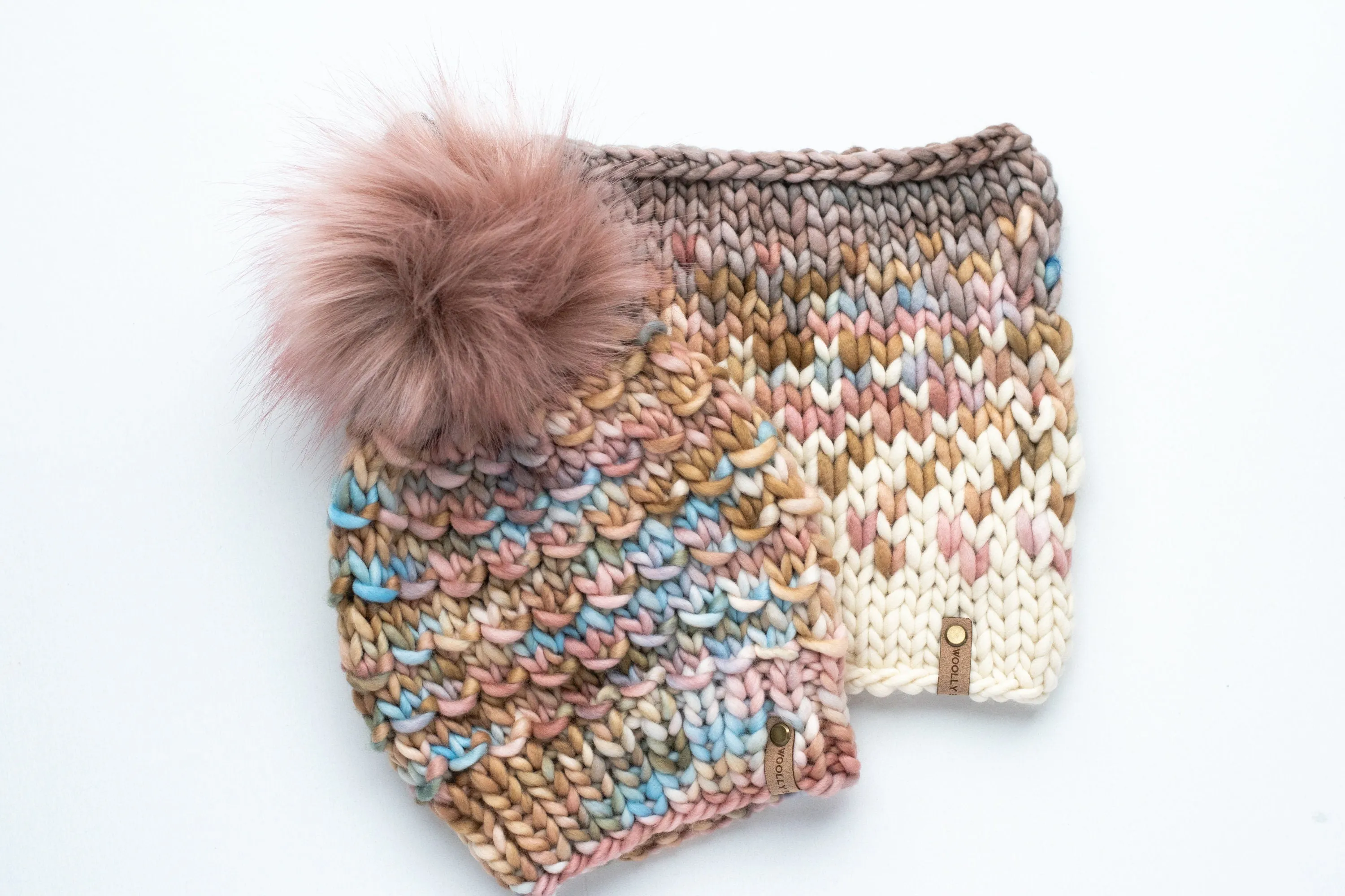 Blush Pink and Beige Merino Wool Fair Isle Hand Knit Cowl