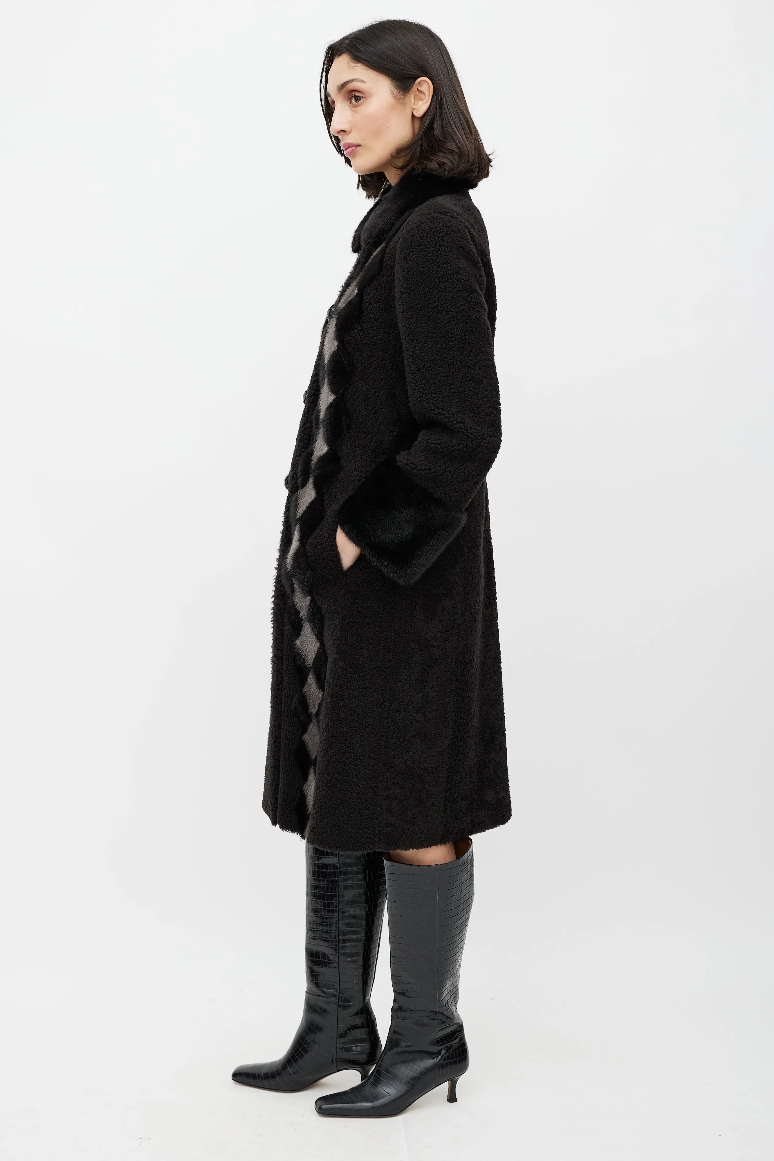 Brown & Cream Shearling Fur Diamond Coat