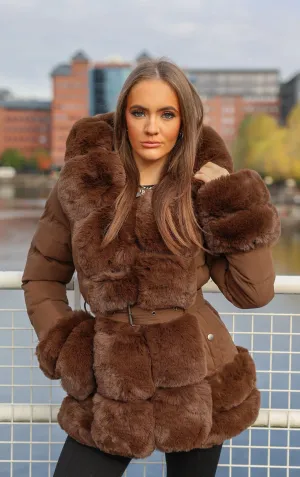 Brown Faux Fur Trim Puffer Hooded Coat