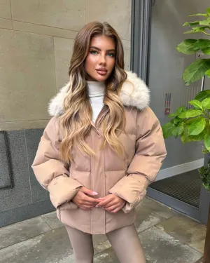 Camille Short Faux Fur Trim Puffer Coat- Camel