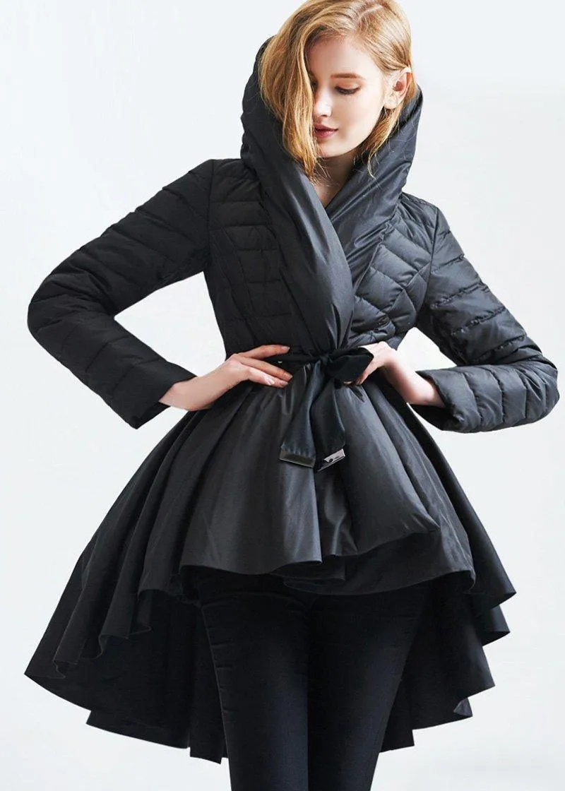 Casual snow jackets hooded overcoat black drawstring duck down coat