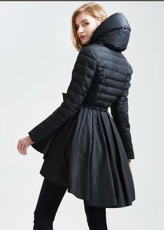 Casual snow jackets hooded overcoat black drawstring duck down coat