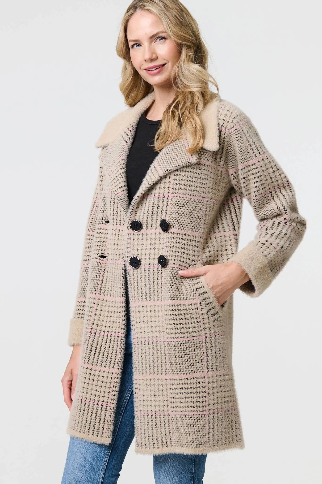 Checked Button Front Thigh Length Trench Coat