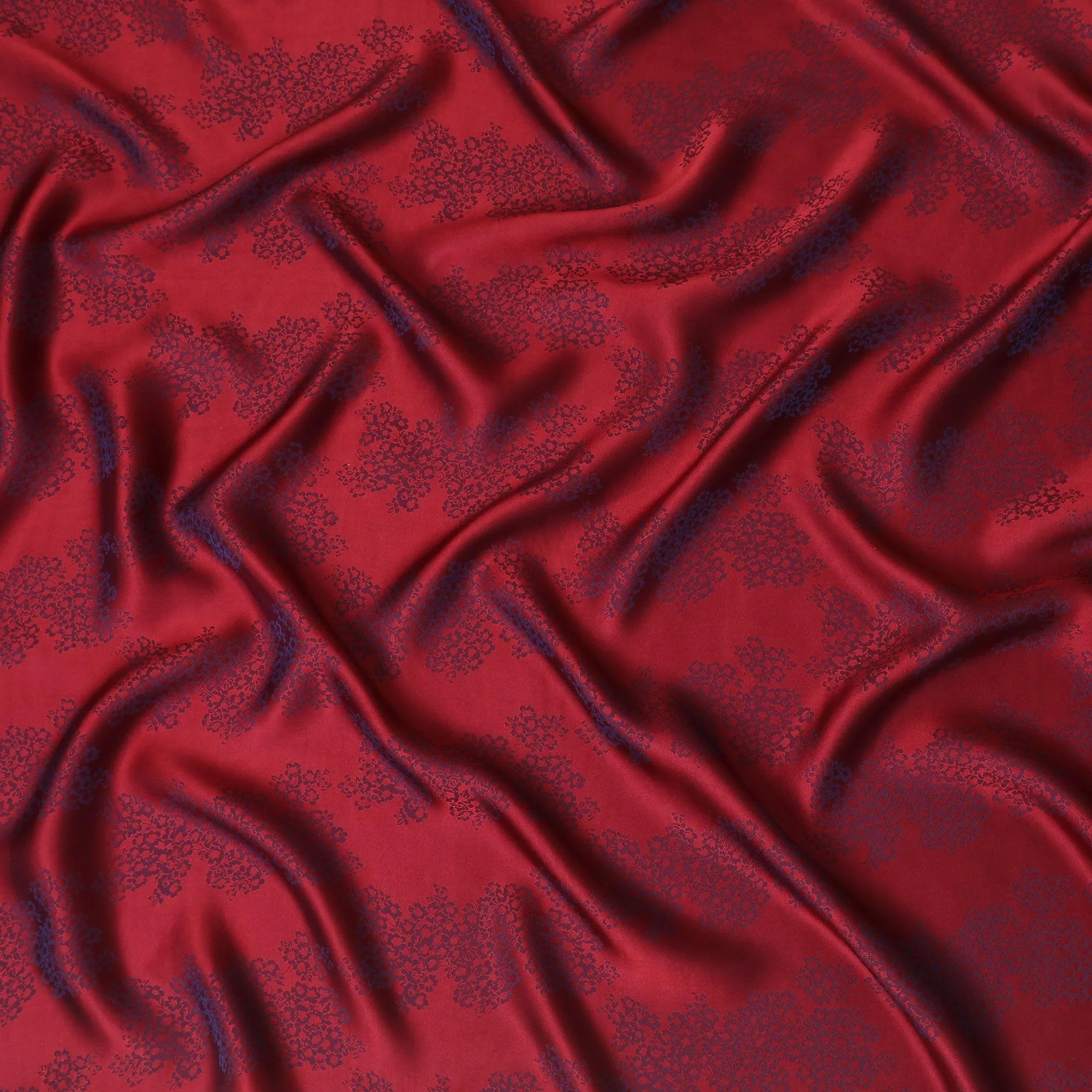 Crimson red premium pure silk crepe fabric with same tone jacquard in floral design-D13888