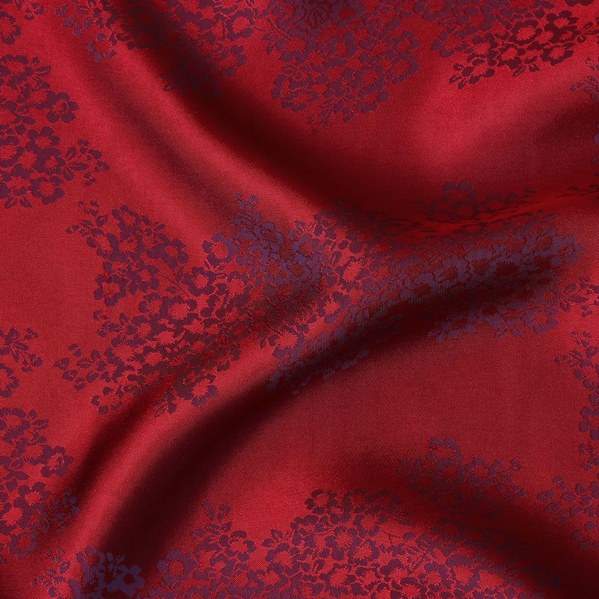 Crimson red premium pure silk crepe fabric with same tone jacquard in floral design-D13888