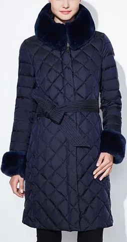 Diamond Padded Fur-Trim Coat, Blue