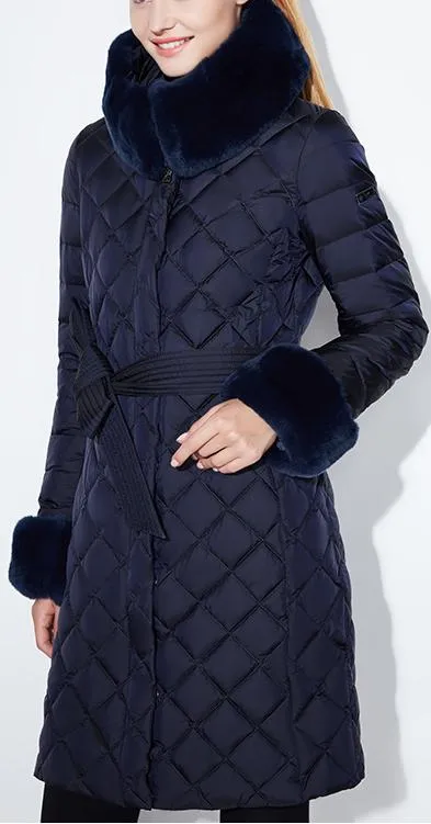 Diamond Padded Fur-Trim Coat, Blue