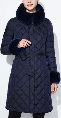 Diamond Padded Fur-Trim Coat, Blue