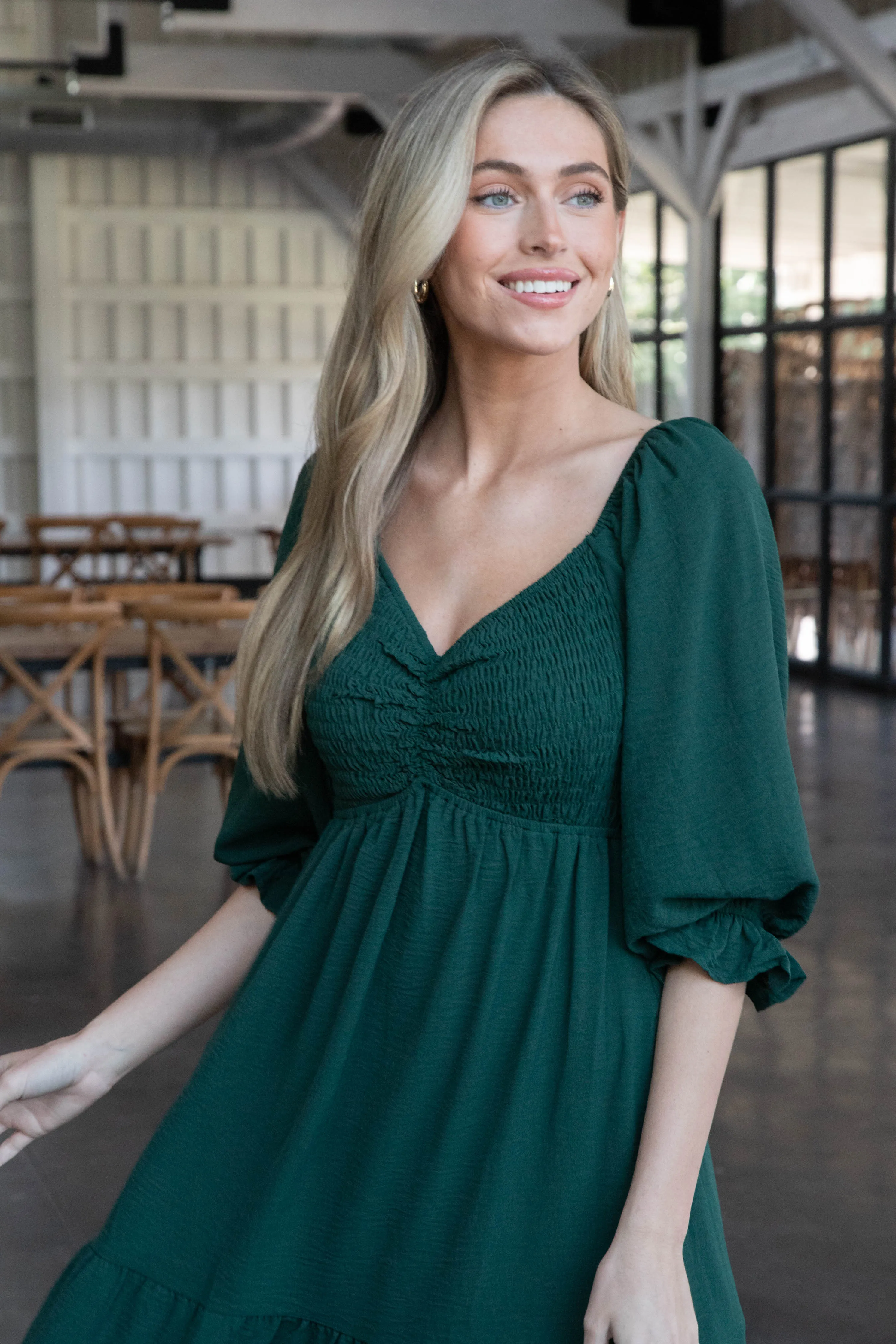 Dominique Smocked Sweetheart Neck Dress, Sea Green