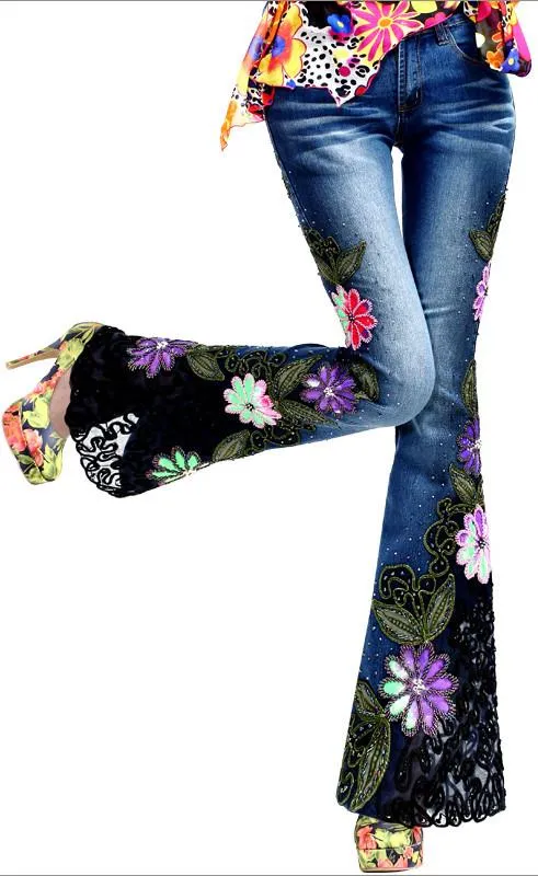 Embellished Multi Colored Floral Flared Denim Jeans