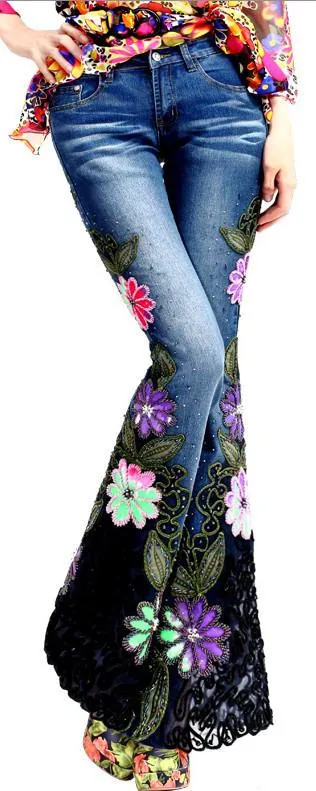 Embellished Multi Colored Floral Flared Denim Jeans