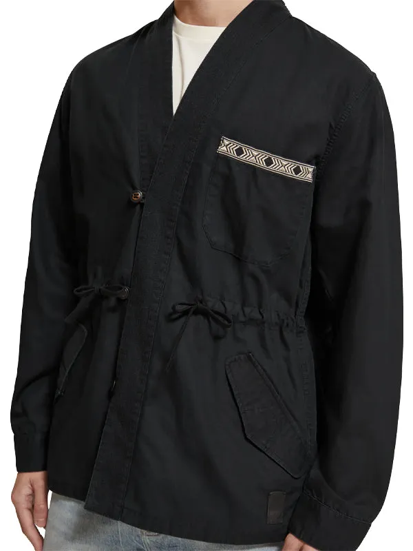 Embroidered Canvas Kimono Jacket: Black