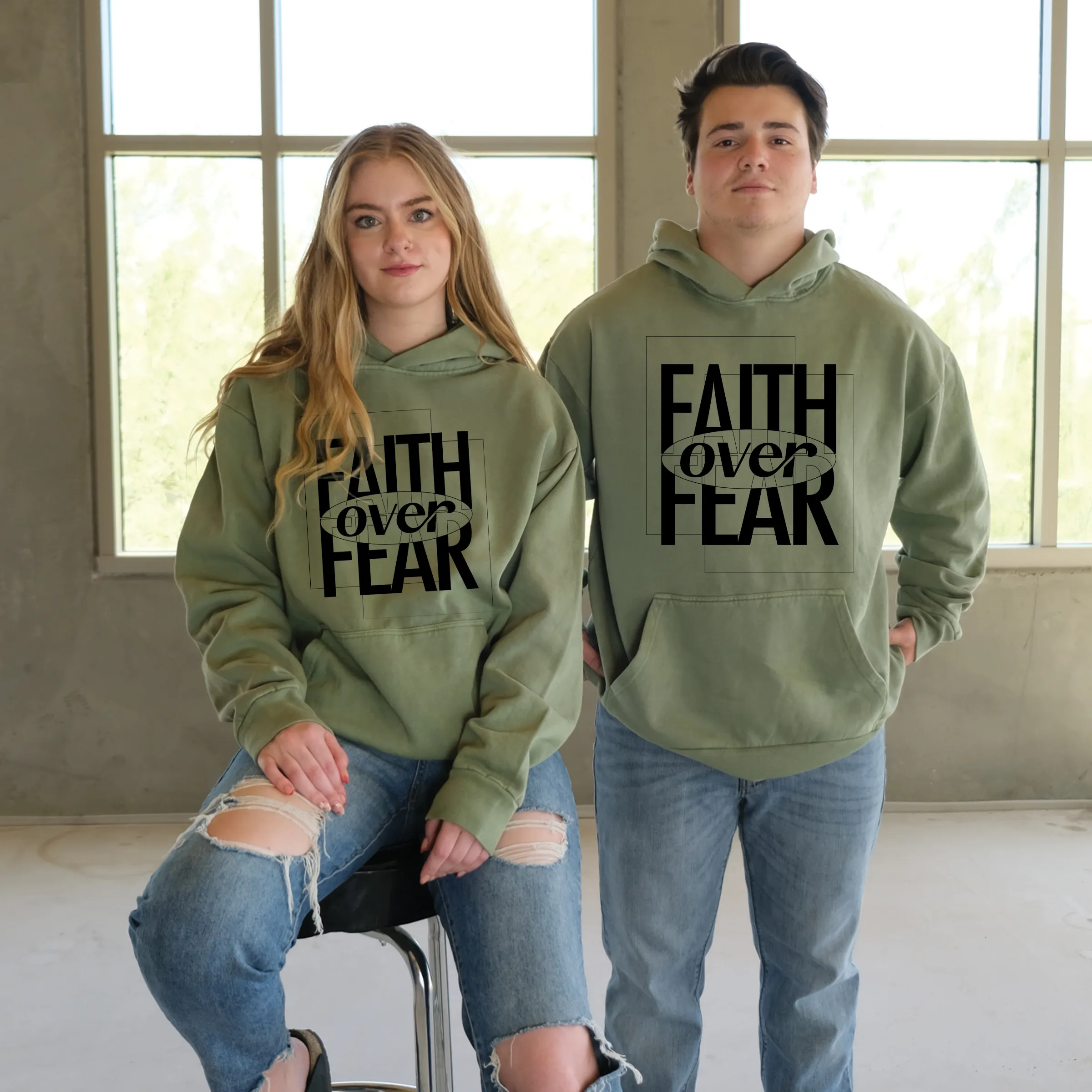 Faith Over Fear Pullover Hoodie - Oil Green