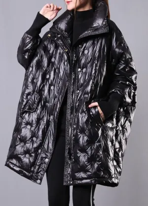 Fine Black Duck Down Coat Plus Size Stand Collar Winter Jacket Batwing Sleeve New Overcoat