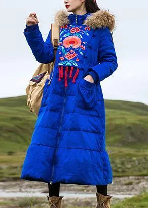 Fine plus size womens parka embroidery overcoat blue hooded goose Down coat