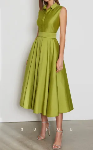 GM214 - A-Line Sleeveless Pleated Stain Tea Length Cocktail Dress Wedding Guest Dress