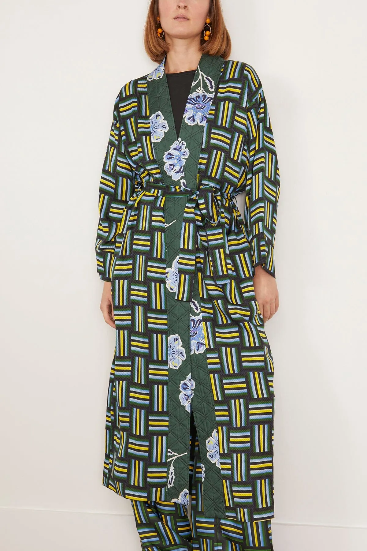 Graphic Patch Coat in Weave Mix Blue Green