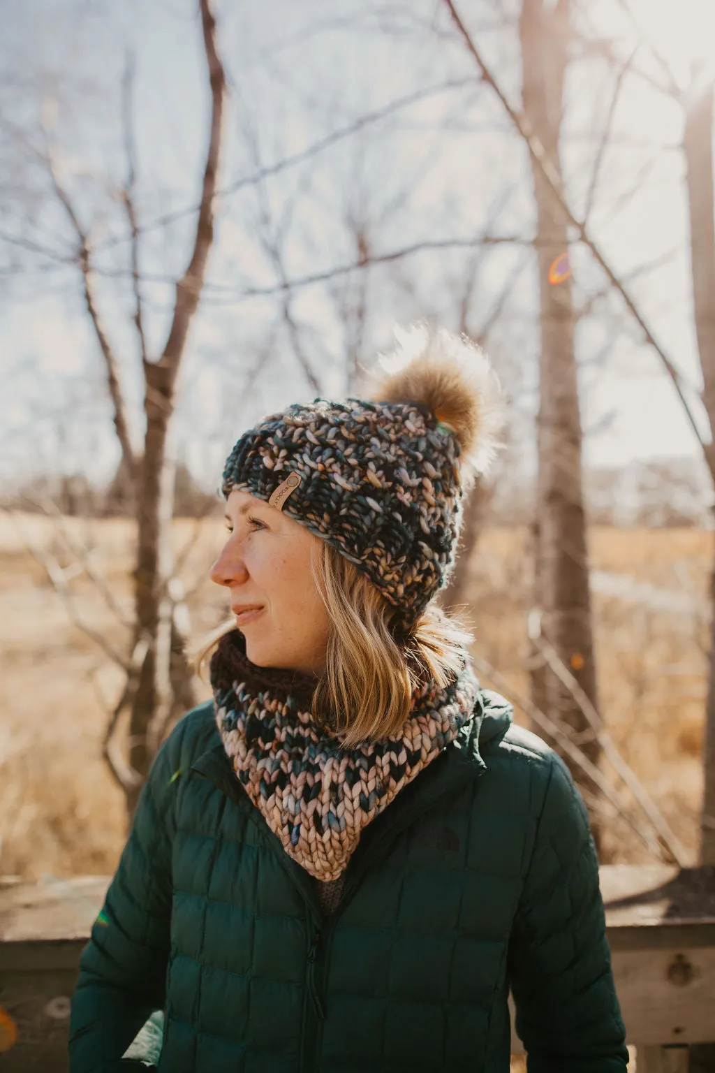 Green Speckle and Gray Merino Wool Fair Isle Hand Knit Cowl