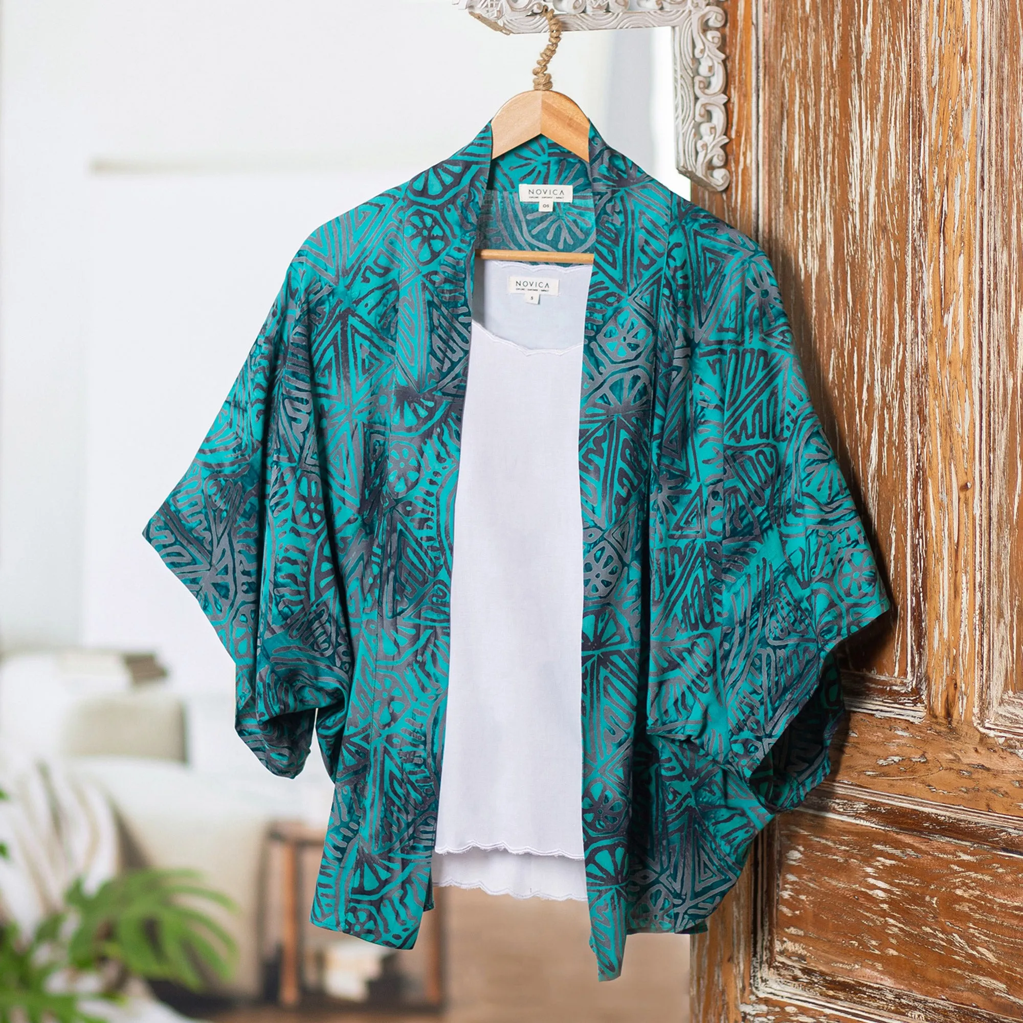 Handmade Batik Rayon Kimono Jacket - Emerald Ocean | NOVICA