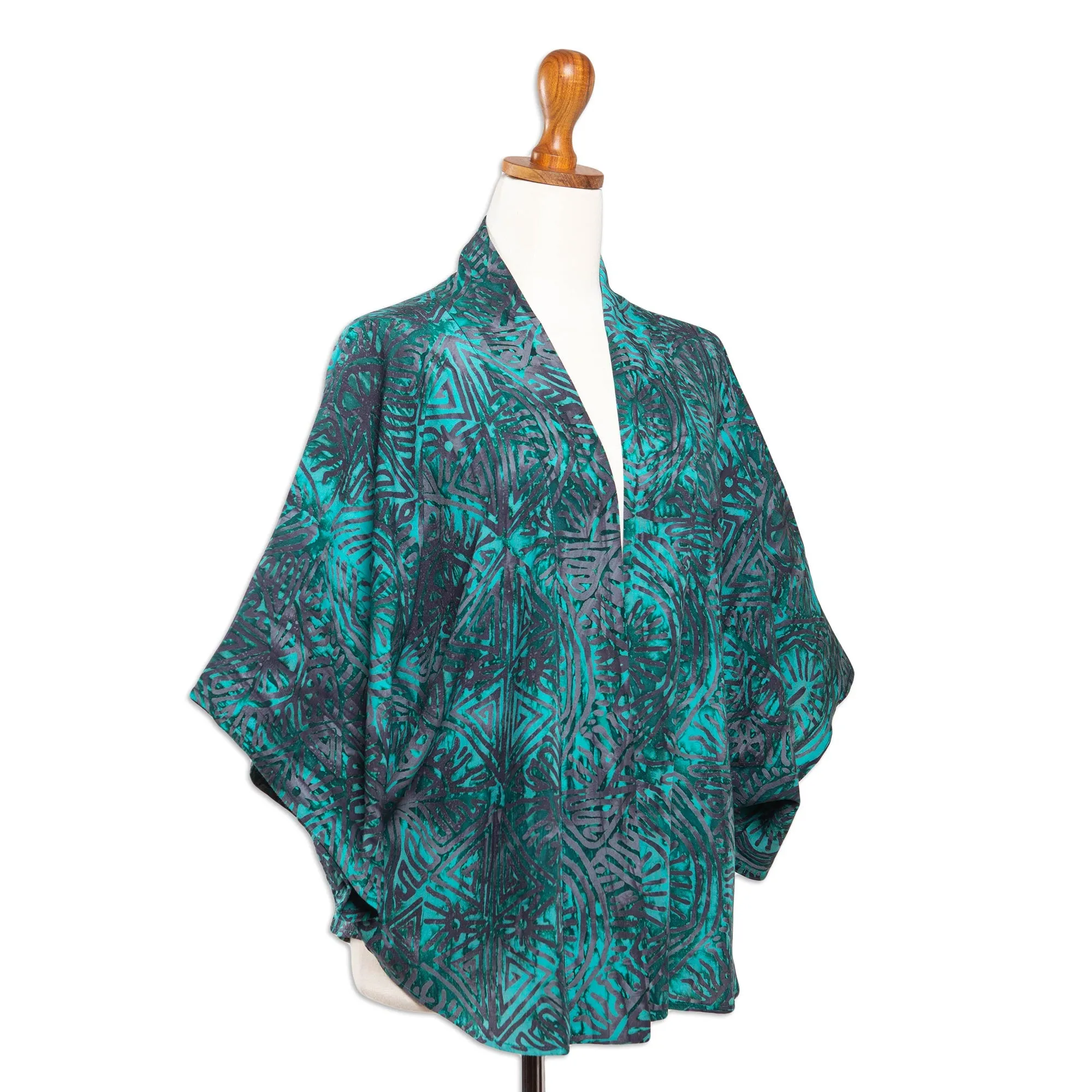 Handmade Batik Rayon Kimono Jacket - Emerald Ocean | NOVICA