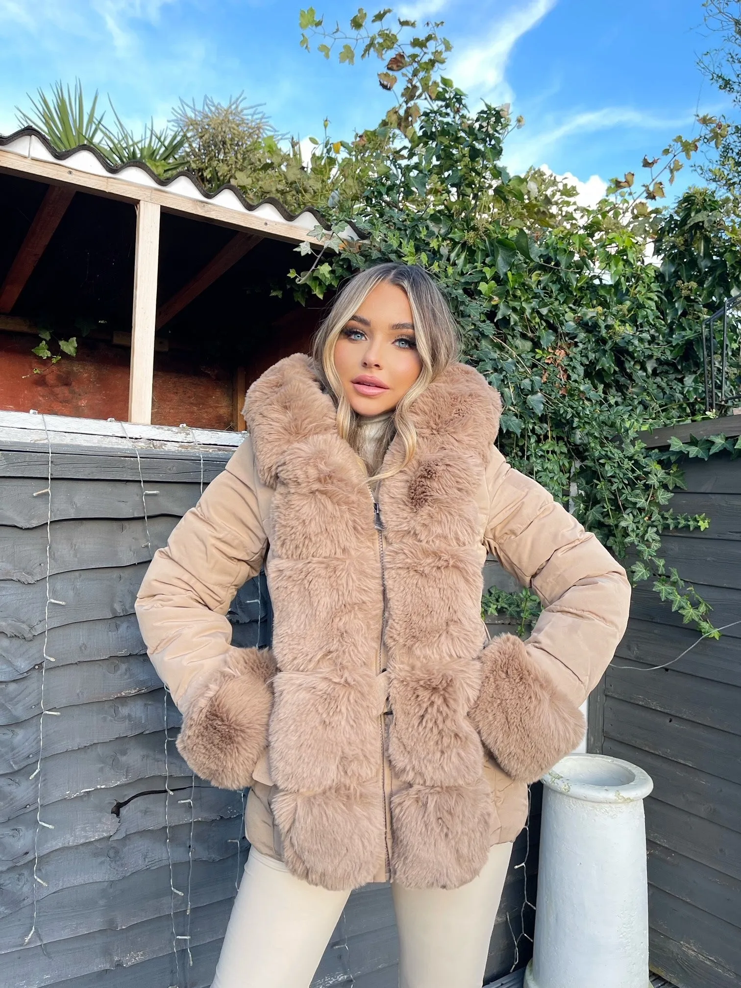 Isobella Belted Faux Fur Trim Hooded Coat - Camel