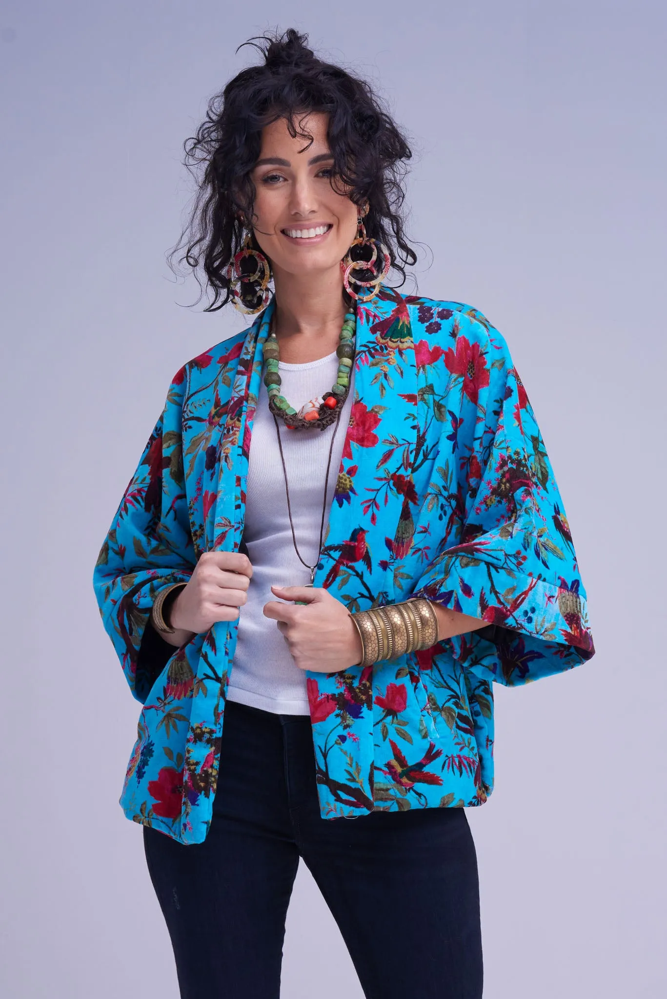 Jacket Kimono Turquoise -  Birds and Flowers