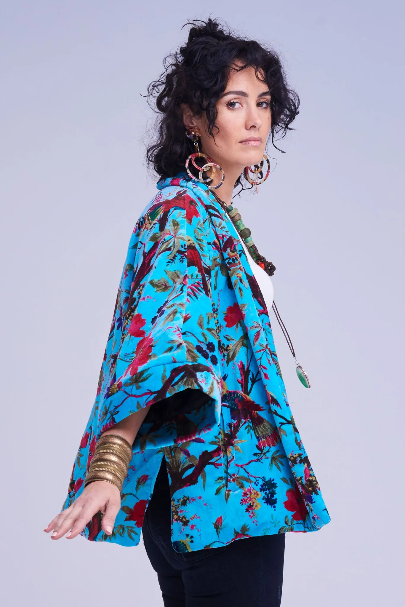 Jacket Kimono Turquoise -  Birds and Flowers