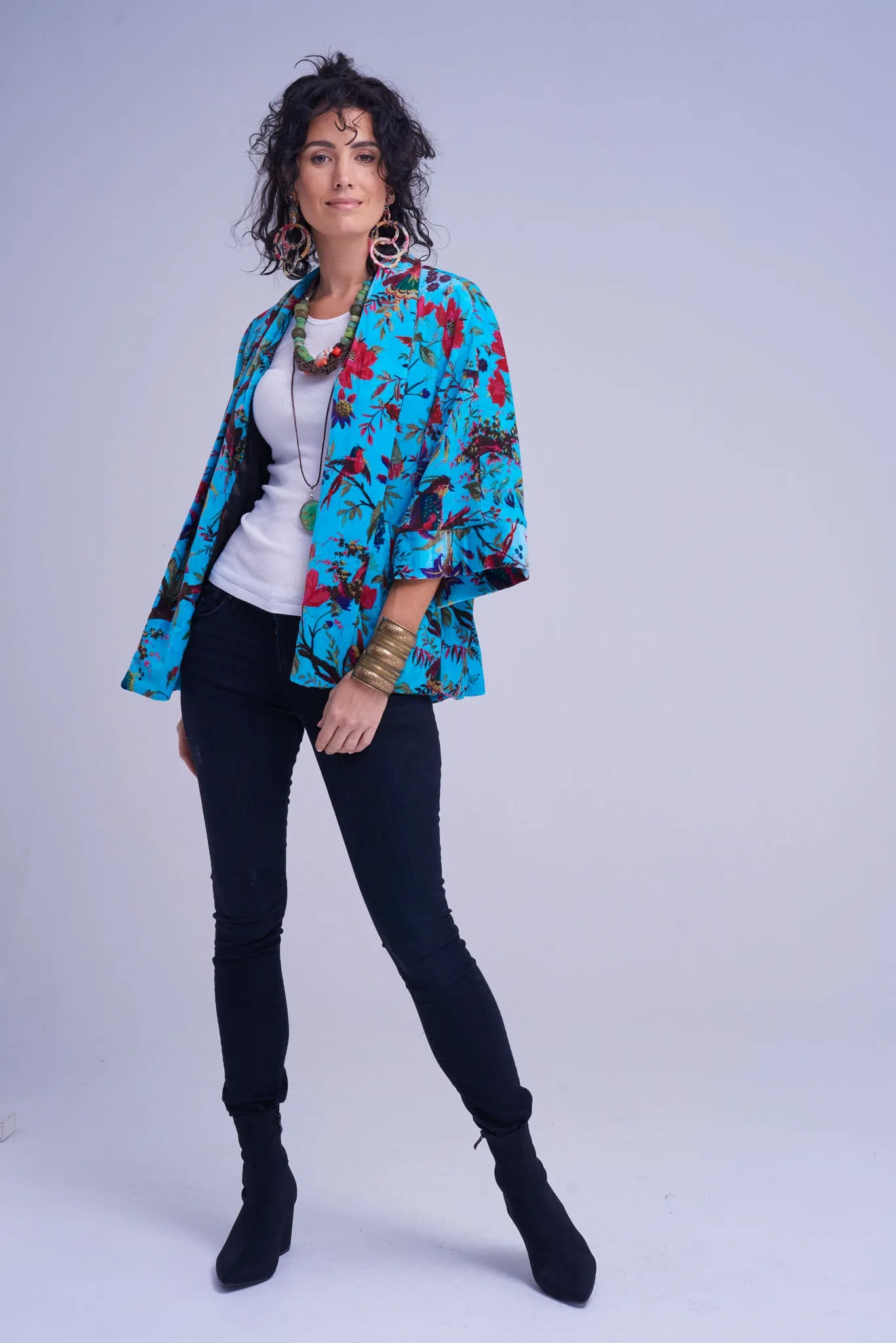 Jacket Kimono Turquoise -  Birds and Flowers