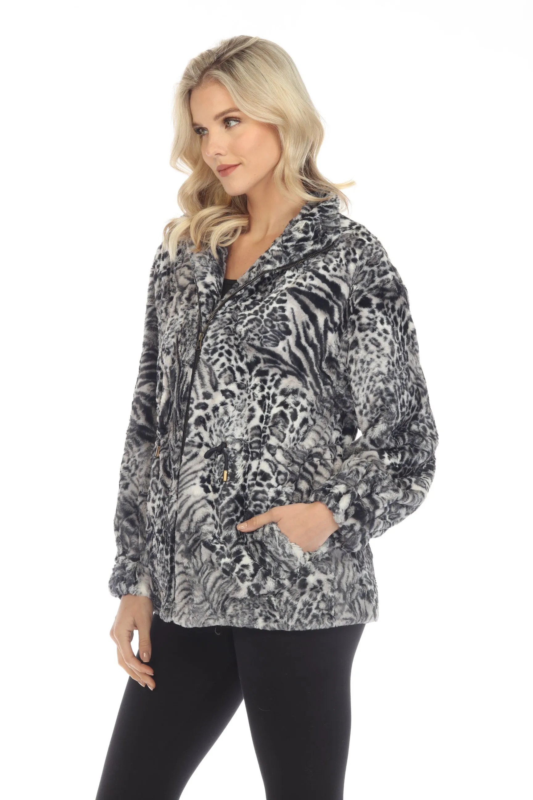 Johnny Was Workshop Smoke Leopard Faux Fur Drawstring Coat Boho Chic W49722-O