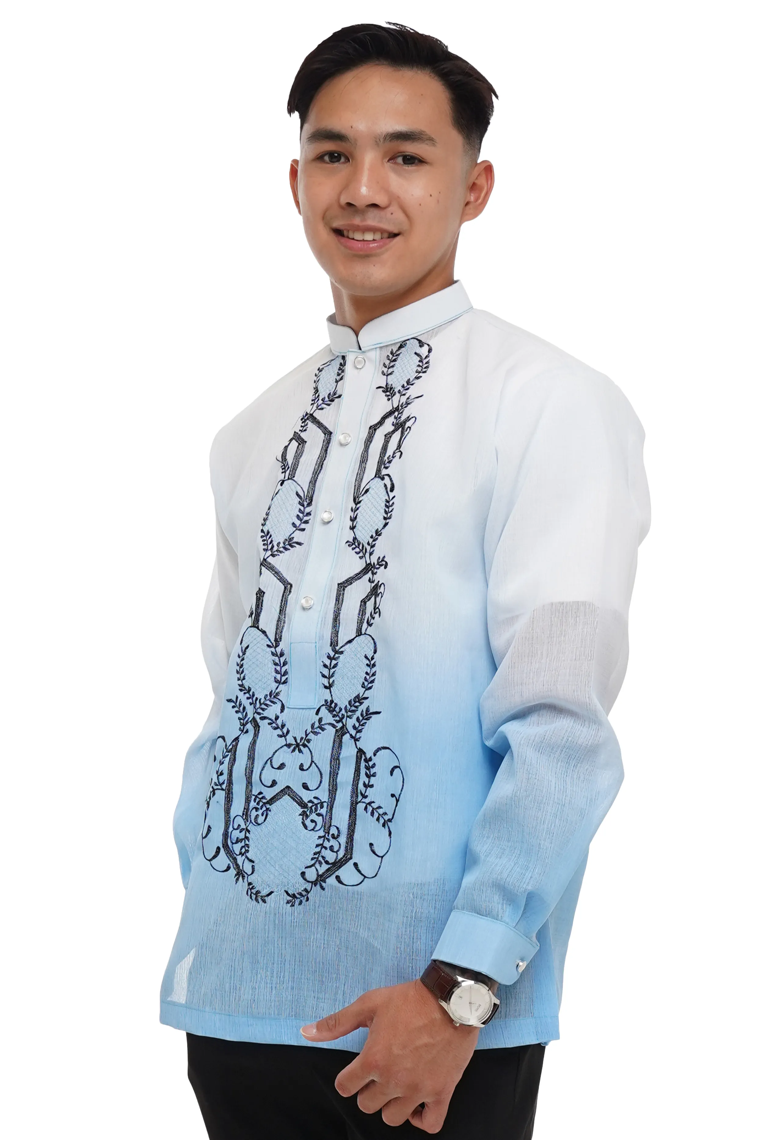 Jusi Blue Chinese Collar Barong Tagalog -  Michael - JV44