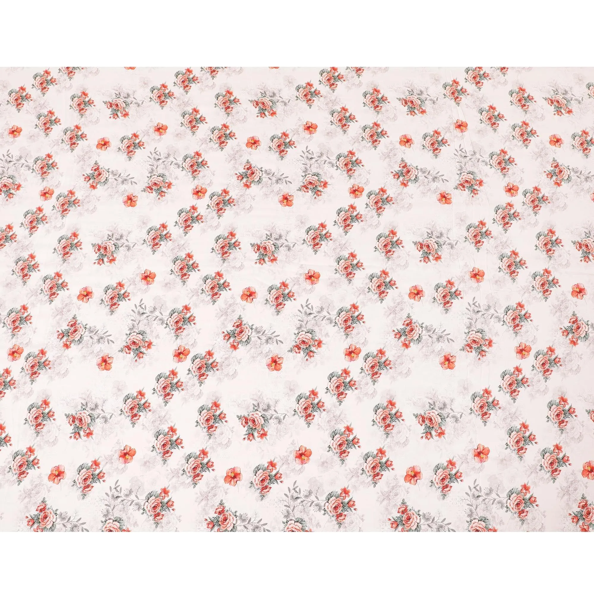 Light pink premium pure silk crepe fabric with orange, grey and sage green print in floral design-D9403