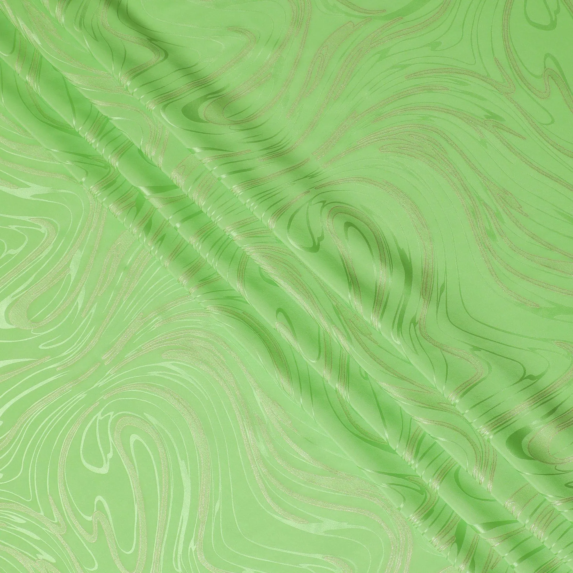 Lime green premium pure silk crepe fabric with same tone jacquard and gold metallic lurex in abstract design-D15717