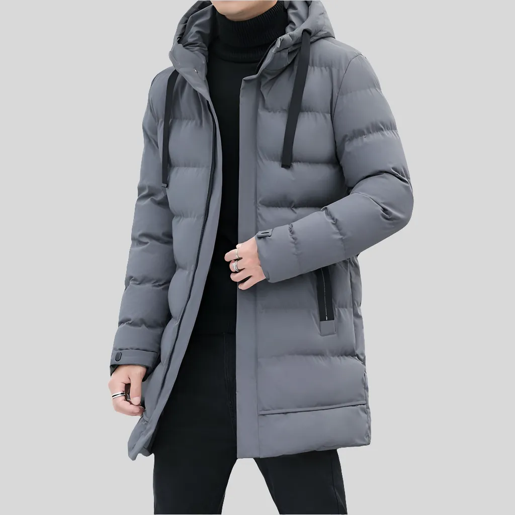 Long Hooded Jacket Men Winter Warm Windproof Coat Fashion Solid Color Clothes Outdoor